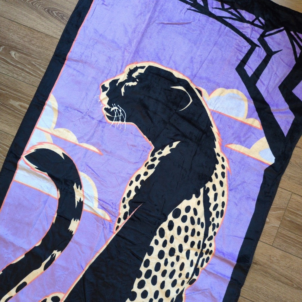 Vintage 80s Dan Gilbert Leopard Beach Towel Jungle Safari Retro Purple Black EUC